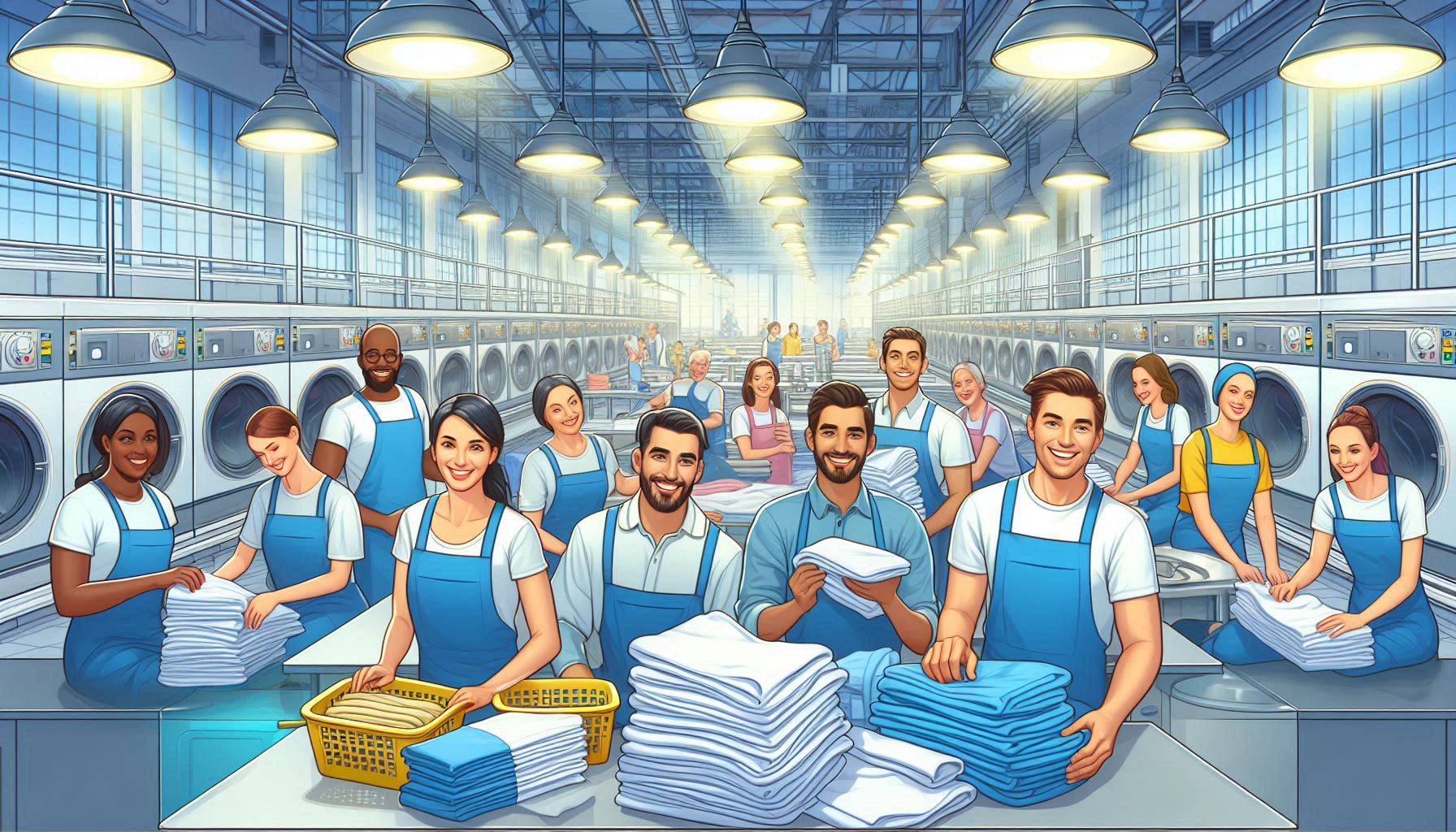 Interno di una lavanderia industriale moderna con macchinari professionali per il lavaggio e la stiratura